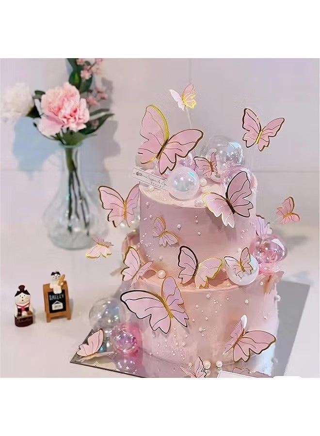 11 Pcs Pink Butterfly Cake Toppers Decorations, Mounted Cupcake Decorations, Happy Birthday Metallic Gold Decorations, Butterfly Party Supplies for Decorating Girls Birthdays - Image 2